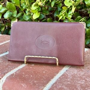 Cartier Leather Long Wallet Card Holder Burgundy Must De Embossed Double C Logo